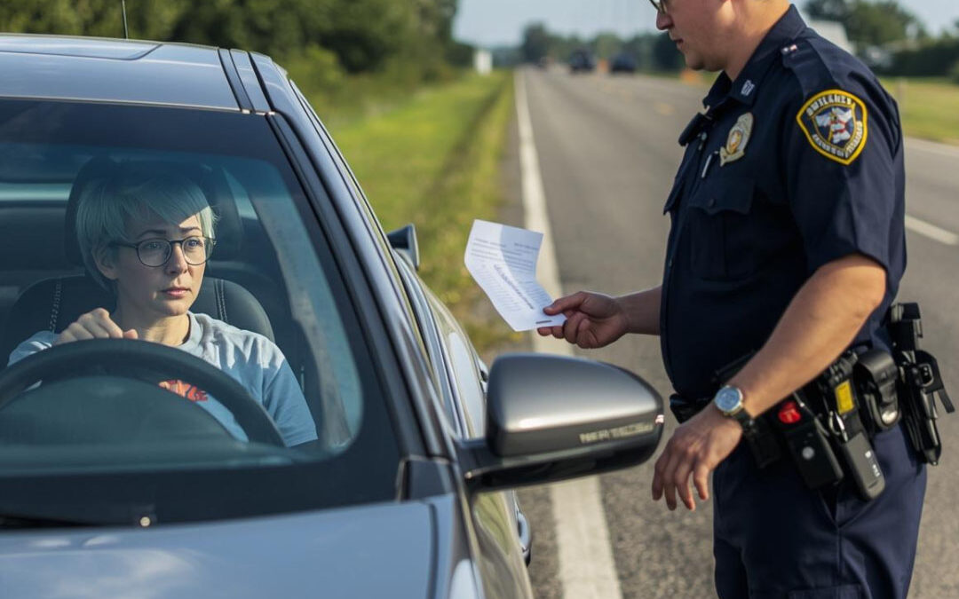 A police officer in a dark blue uniform hands a paper citation to a woman in the driver's seat of a silver car pulled over on the side of a road - https://www.purplecowinsurance.com/